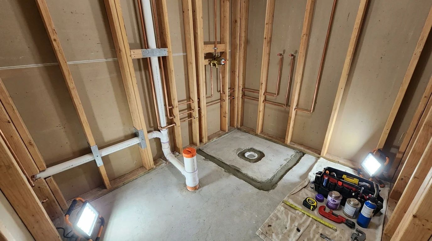 Bathroom rough-in plumbing during remodel by Johns Plumbing LLC in Indiantown