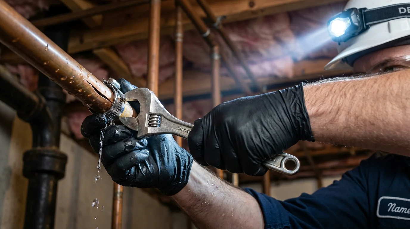 Emergency pipe clamp repair being performed by a Johns Plumbing LLC plumber in Indiantown