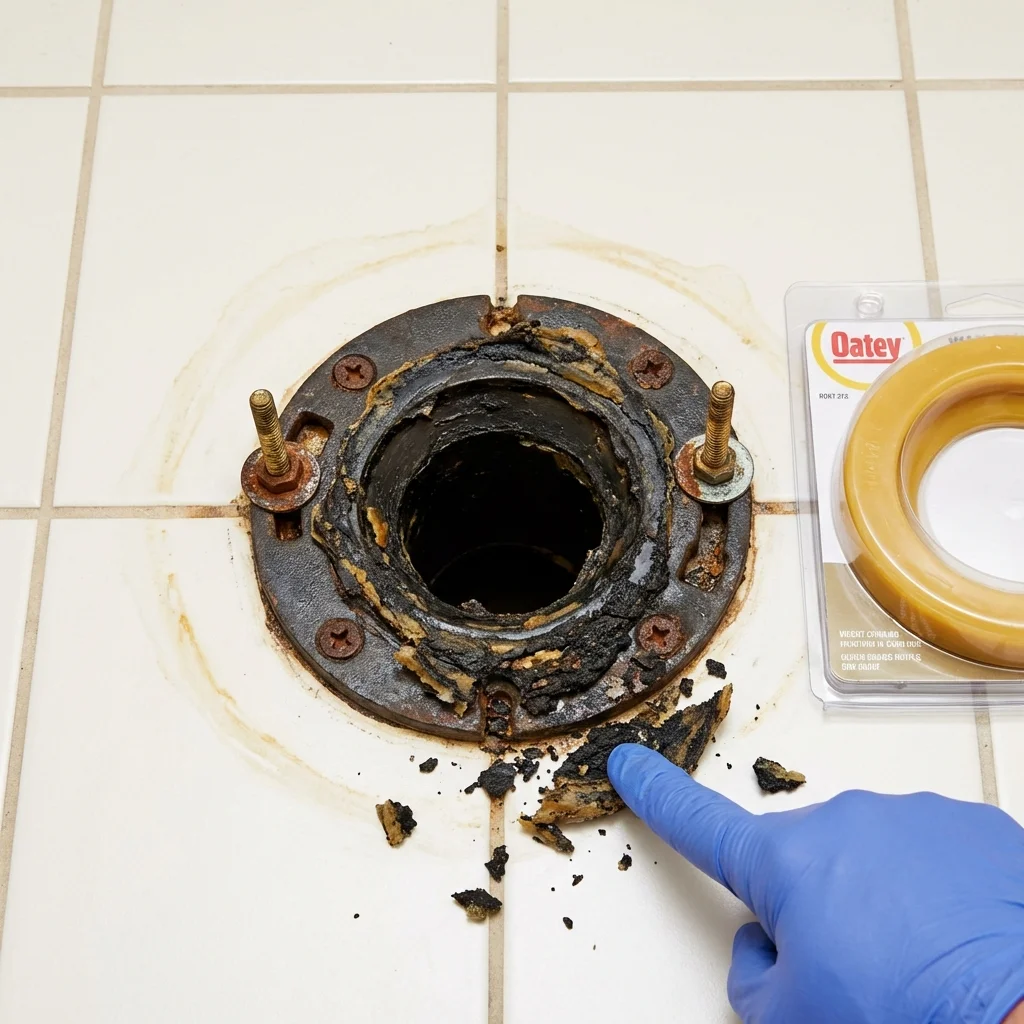 Failed wax ring showing water seepage at the base of a toilet in a Indiantown, FL home